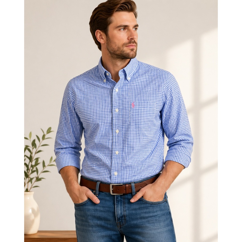 Ralph Lauren Mens Medium Blue White Gingham Button Down Shirt‎ Cotton